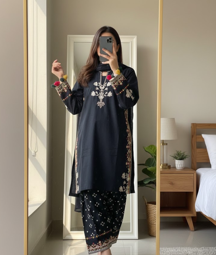 Rangreezah Black 3PC Lawn Suit