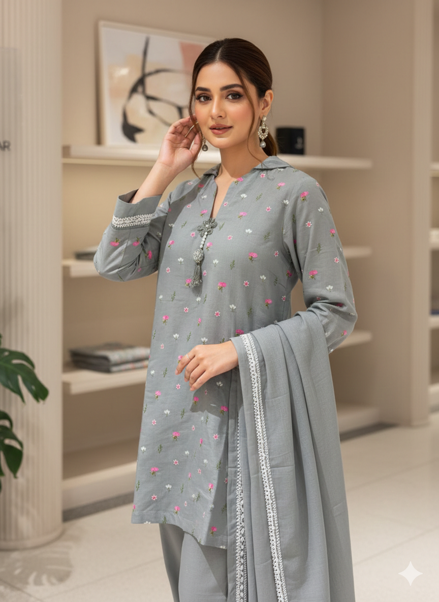 Rangreezah Grey – Embroidered 3PC Lawn Suit