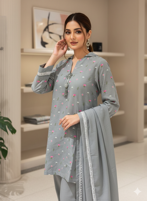 Rangreezah Grey – Embroidered 3PC Lawn Suit